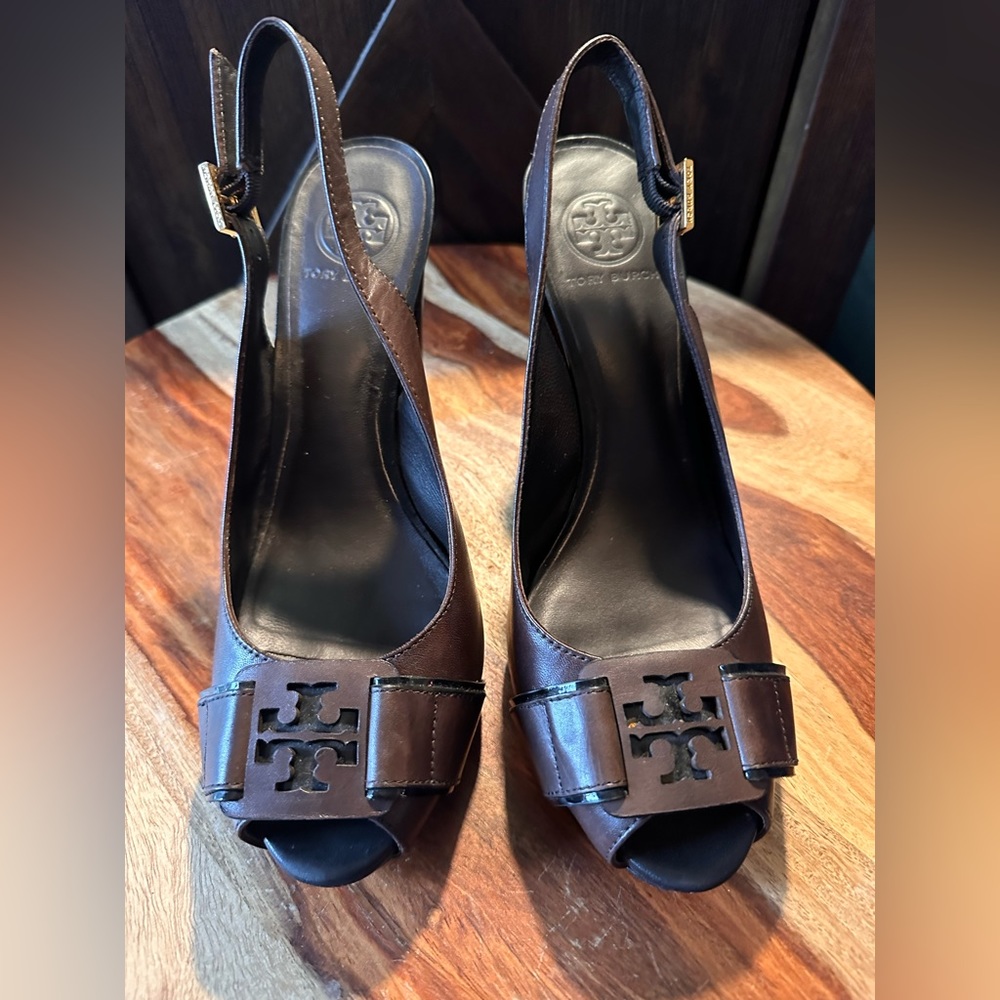 Tory Burch Brown Peep-Toe Slingback Heels